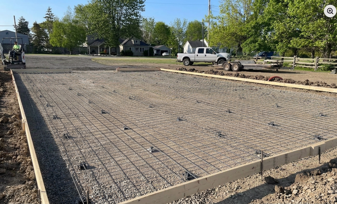 Driveway in front of garage — prep to finished slab — before